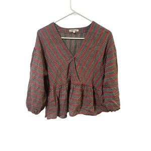 Madewell Size Small Gray‎ Red Striped Bubble-Sleeve Peplum Top Peasant Blouse